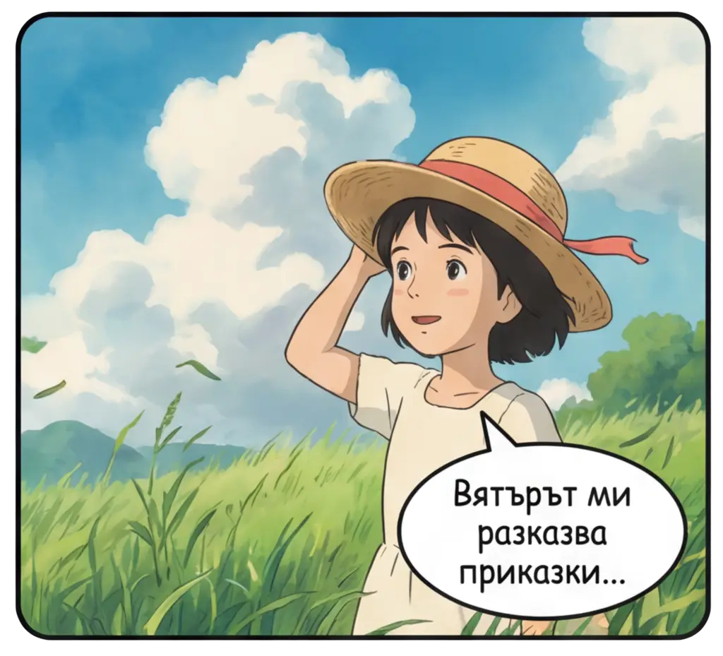 Илюстрация за детска приказка в нежен рисуван филмов стил (Soft hand-drawn cinematic illustration) – момиче сред природата