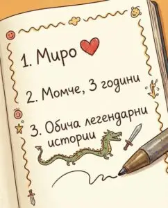 Пример за персонализация на книга с име на детето и интереси (Personalized book details: name, age, hobbies)