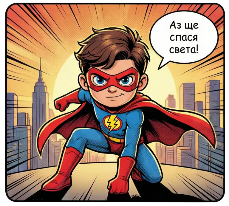 Персонализиран комикс с дете супергерой в модерен комикс стил (Modern superhero comic style illustration)